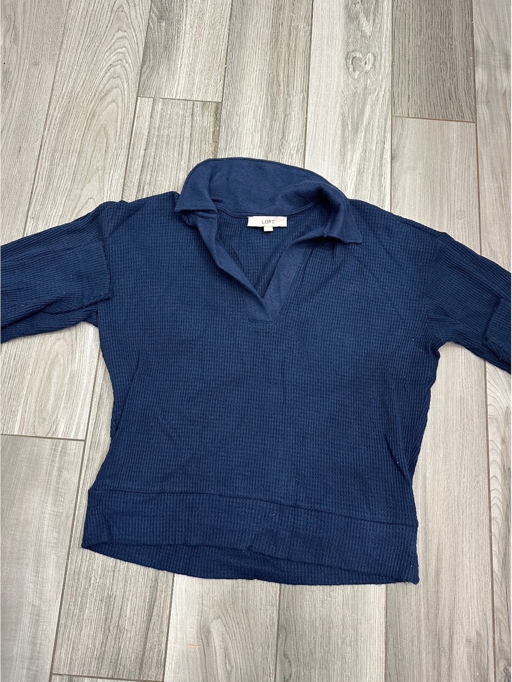 LOFT Navy Blue Waffle Knit Pullover Shirt Size Small